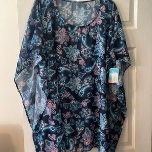 NWT Swim Solutions Cover Up Island Fare Tunic Sz L. Color Navy Floral Print